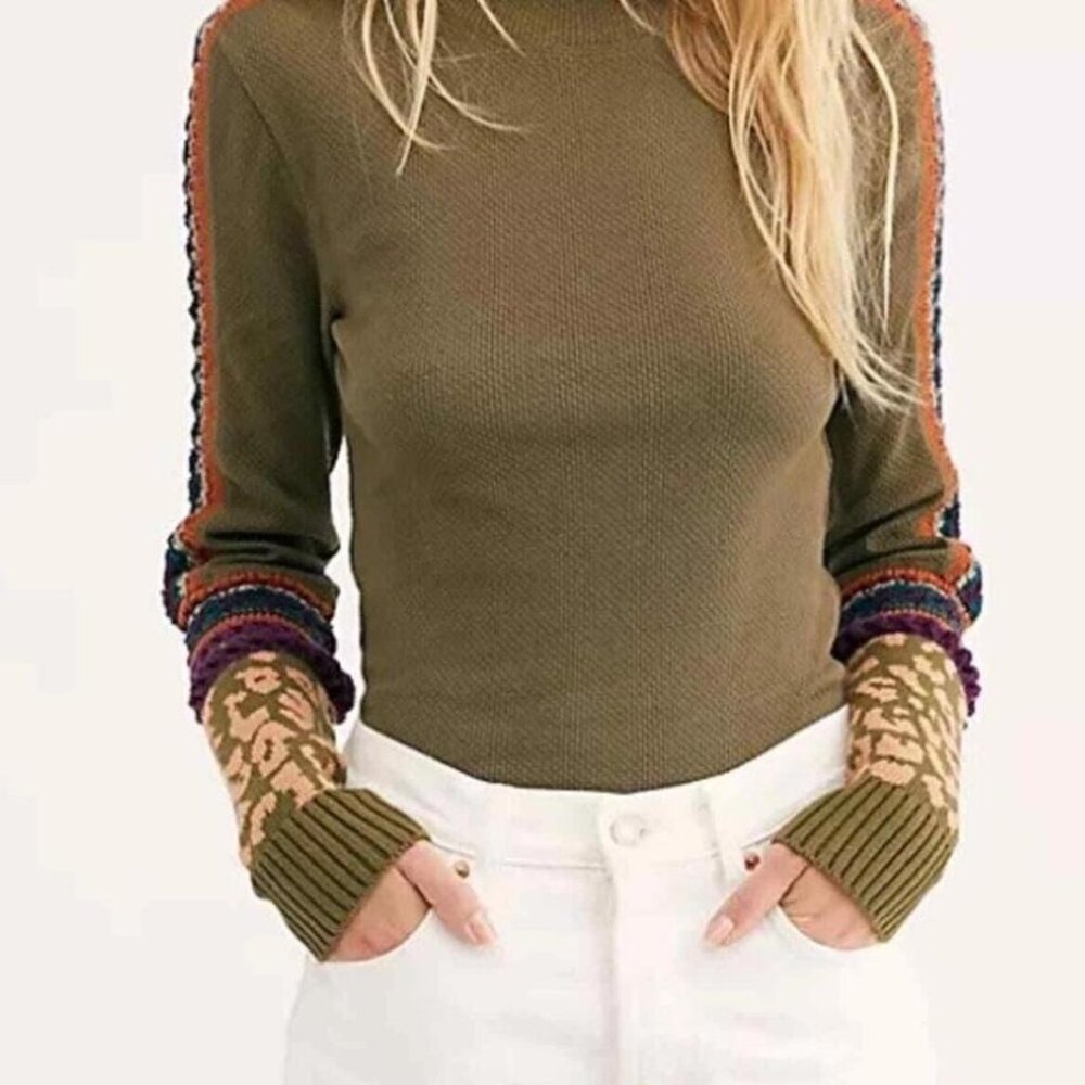 Free People Olive “Switch It Up” Thermal Sweater Size M - Picture 6 of 6